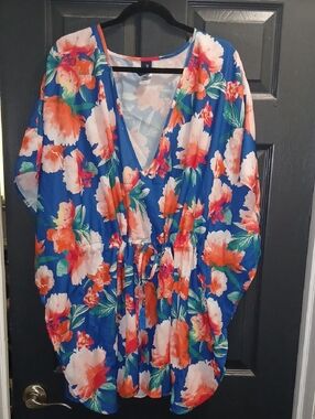 Swimsuits For All Blue Floral V-Neck Swim Coverup with Orange and White Flowers